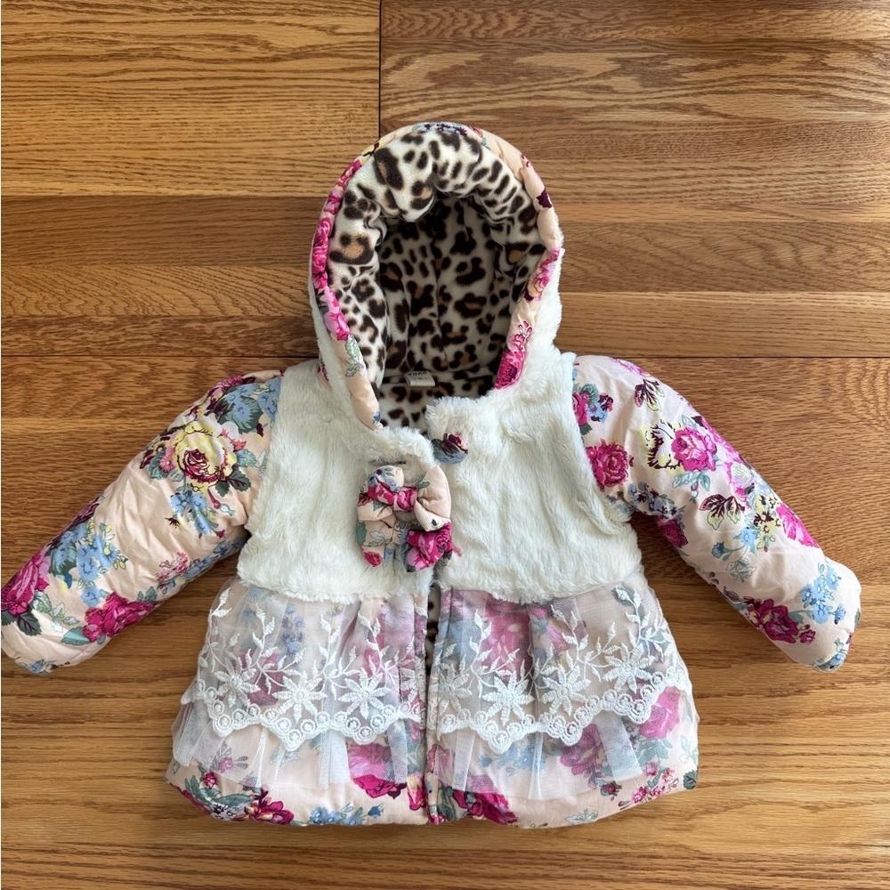 TGXE Kids Floral Lace and Cheetah Hooded Baby Jacket with Faux Fur